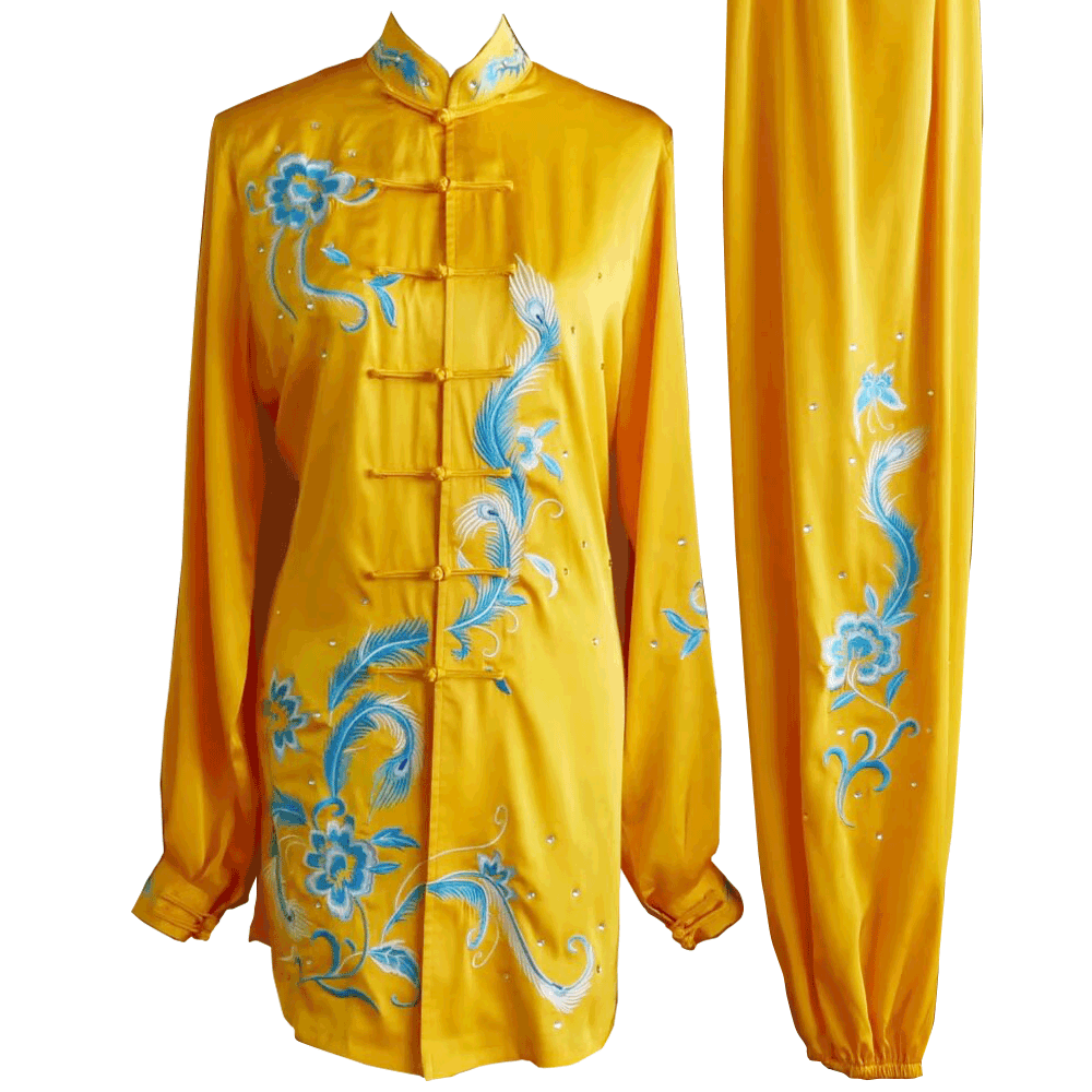 Golden Kung Fu Wushu Uniform with Light Blue Phoenix and Floral Embroidery UC2024-016