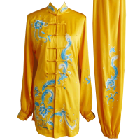 Golden Kung Fu Wushu Uniform with Light Blue Phoenix and Floral Embroidery UC2024-016