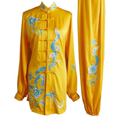 Golden Kung Fu Wushu Uniform with Light Blue Phoenix and Floral Embroidery UC2024-016