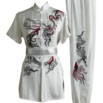 White Kung Fu Wushu Uniform with Abstract Dragon Embroidery and Silver Sequins UC2024-017