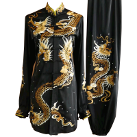 Black Kung Fu Wushu Uniform with Brown and Gold Dragon Embroidery UC2024-018