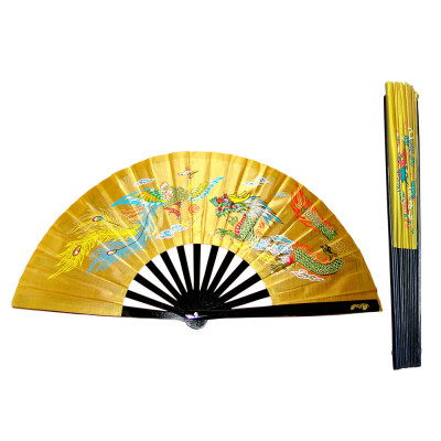 Golden Taichi Kung Fu Fan with Dragon Phoenix Design and Bamboo Ribs_(Fan04)