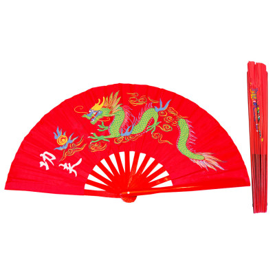 Red Tai Chi Kung Fu Fan with Bamboo Ribs and Green Dragon Kung Fu Design (Fan10)