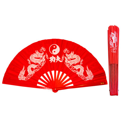 Red Twin Dragon Tai Chi Kung Fu Fan with Bamboo Ribs (Fan11)