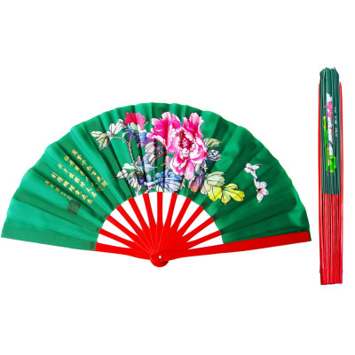 Green Peony Tai Chi Fan with Red Bamboo Ribs (Fan15)