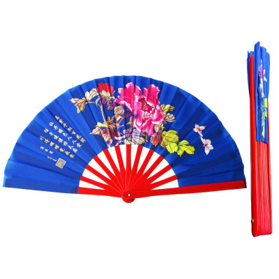 Blue Mudan Tai Chi Kung Fu Fan with Red Bamboo Ribs (Fan18)