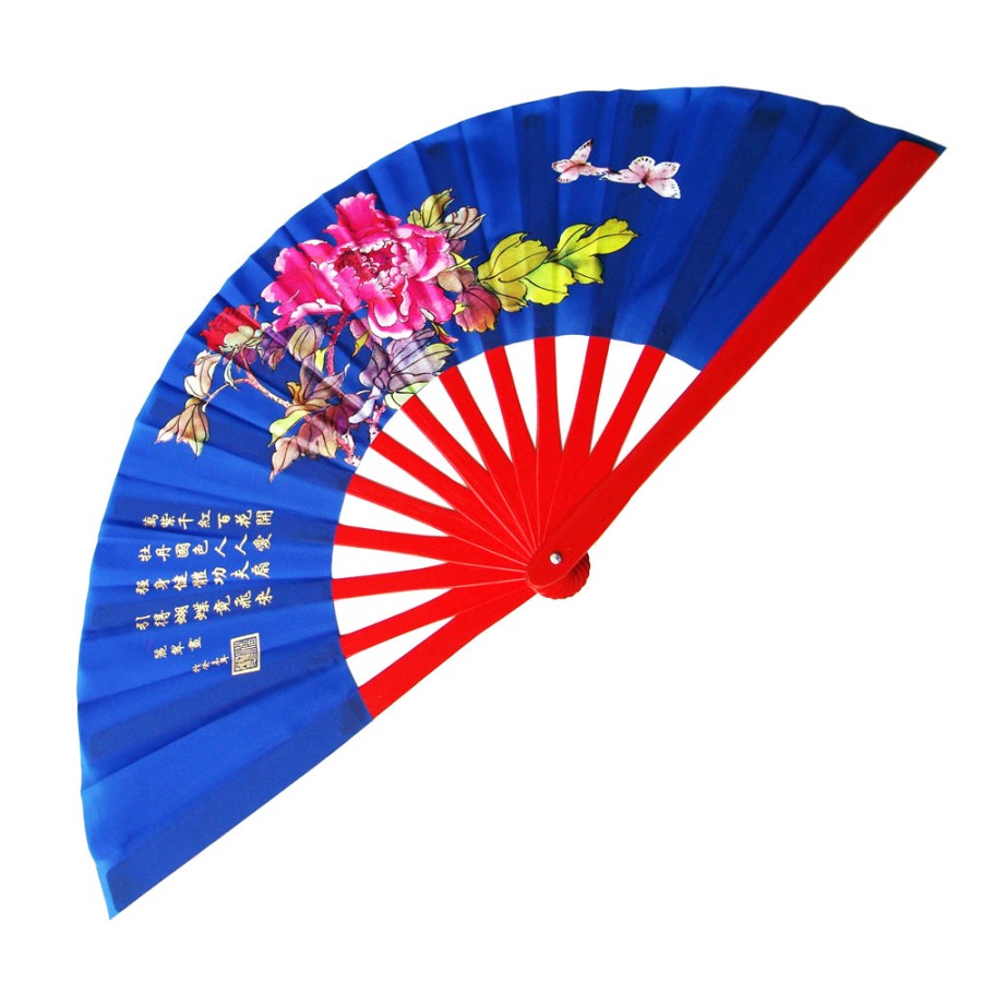 Blue Mudan Tai Chi Kung Fu Fan (Fan18) – Peony Flower Design & Red Bamboo Ribs