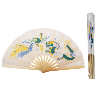 White Nylon Bamboo Rib Tai Chi Fan with Dragon and Phoenix Design (Fan20)