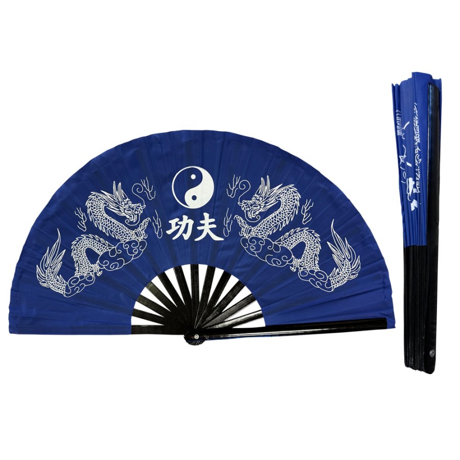 Blue Twin Dragon Tai Chi Kung Fu Fan (Fan19) – Black Bamboo Ribs & Traditional Martial Arts Design