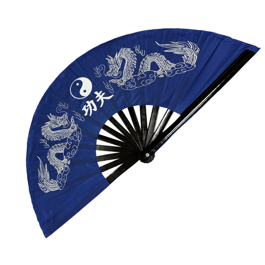 Blue Twin Dragon Tai Chi Kung Fu Fan (Fan19) – Black Bamboo Ribs & Traditional Martial Arts Design