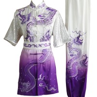 White and Purple Gradient Kung Fu Wushu Uniform with Silver Sequin Sleeves and Dragon Embroidery UC2024-019