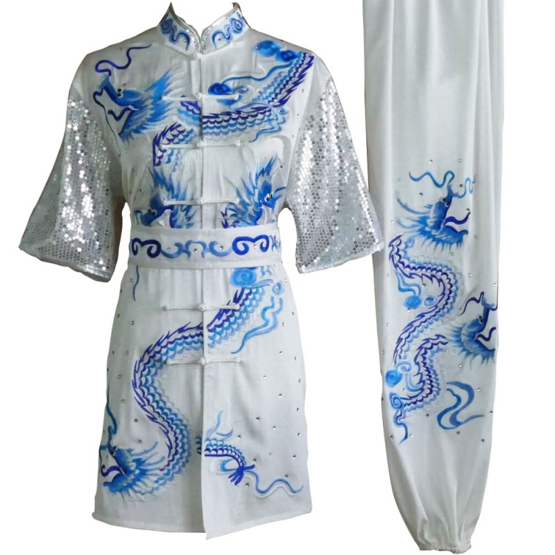 White Kung Fu Wushu Uniform with Golden Flowing Cloud Embroidery (Pre-Order) - UC2024-022