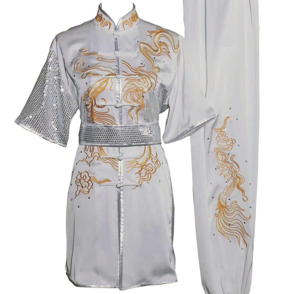 White Kung Fu Wushu Uniform with Golden Flowing Cloud Embroidery (Pre-Order) - UC2024-022