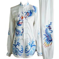 White Tai Chi Kung Fu Uniform with Blue Dragon and Waves Embroidery (Pre-Order) - UC2024-023