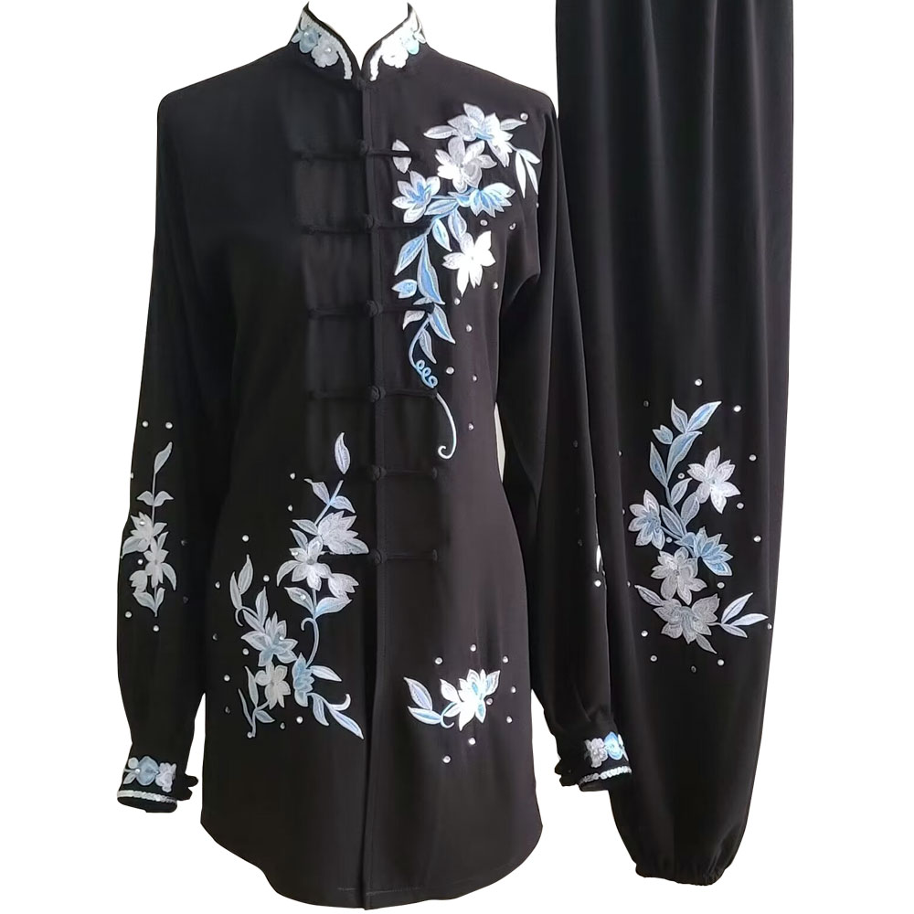 Black Kung Fu Wushu Uniform with Silver and Light Blue Embroidery and Sequins（pre-order ) UC2024-027