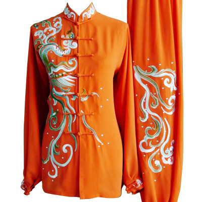 Orange Kung Fu Wushu Uniform with Silver Abstract Phoenix and Cloud Embroidery with Sequins UC2024-028