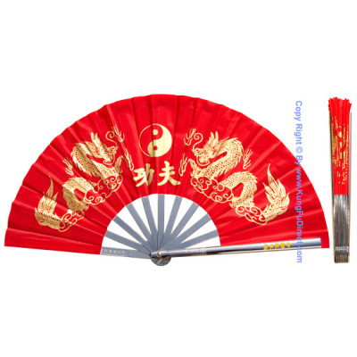 Metal Golden Dragon Red Tai Chi Kung Fu Fan (Fan03)