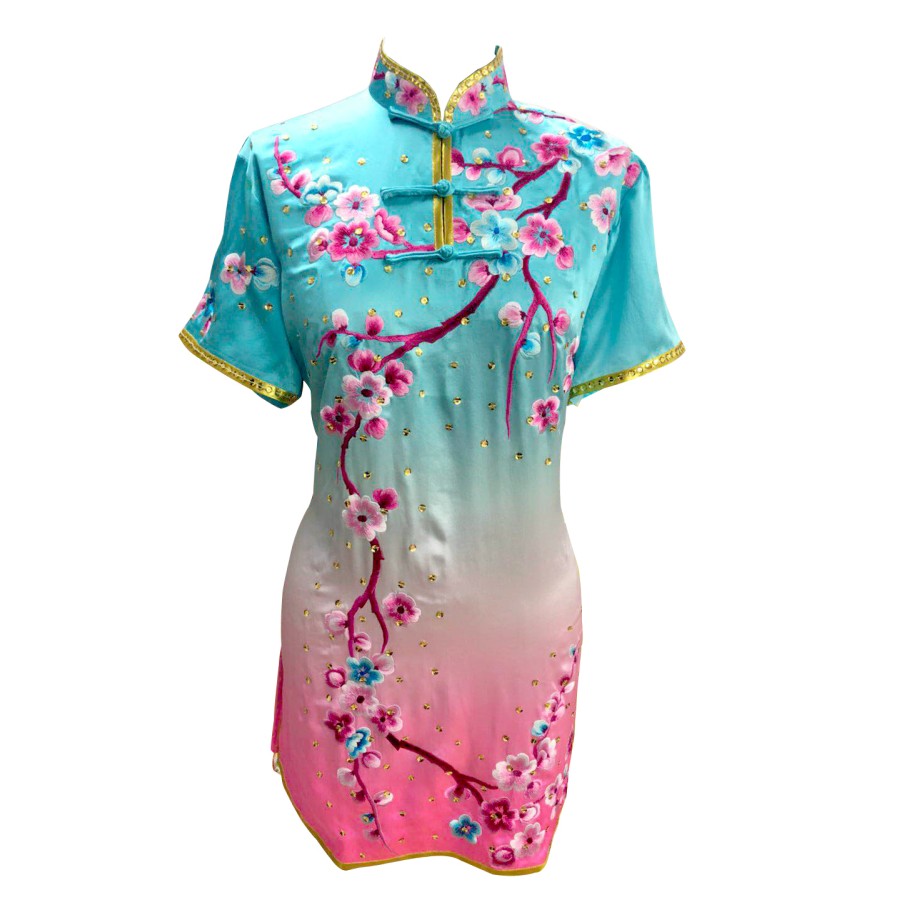 Light Blue/Pink Fade Flower Embroidery Silk Kung Fu Uniform