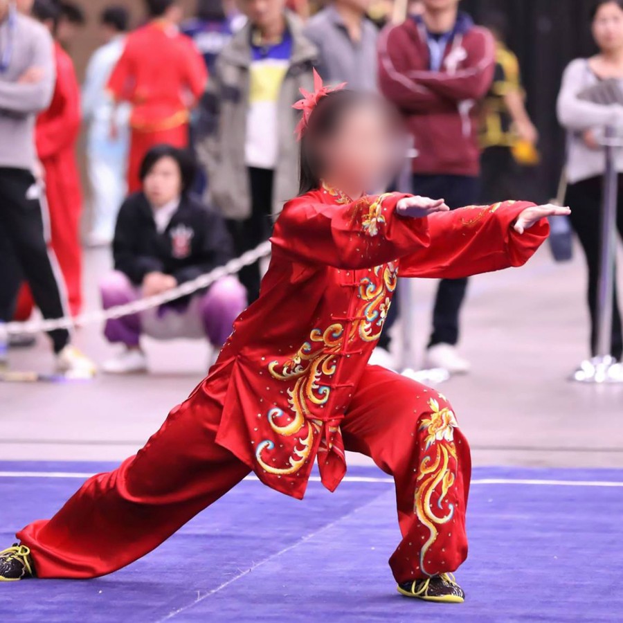 PSU015 – Red Flower Embroidery Silk Kung Fu Uniform