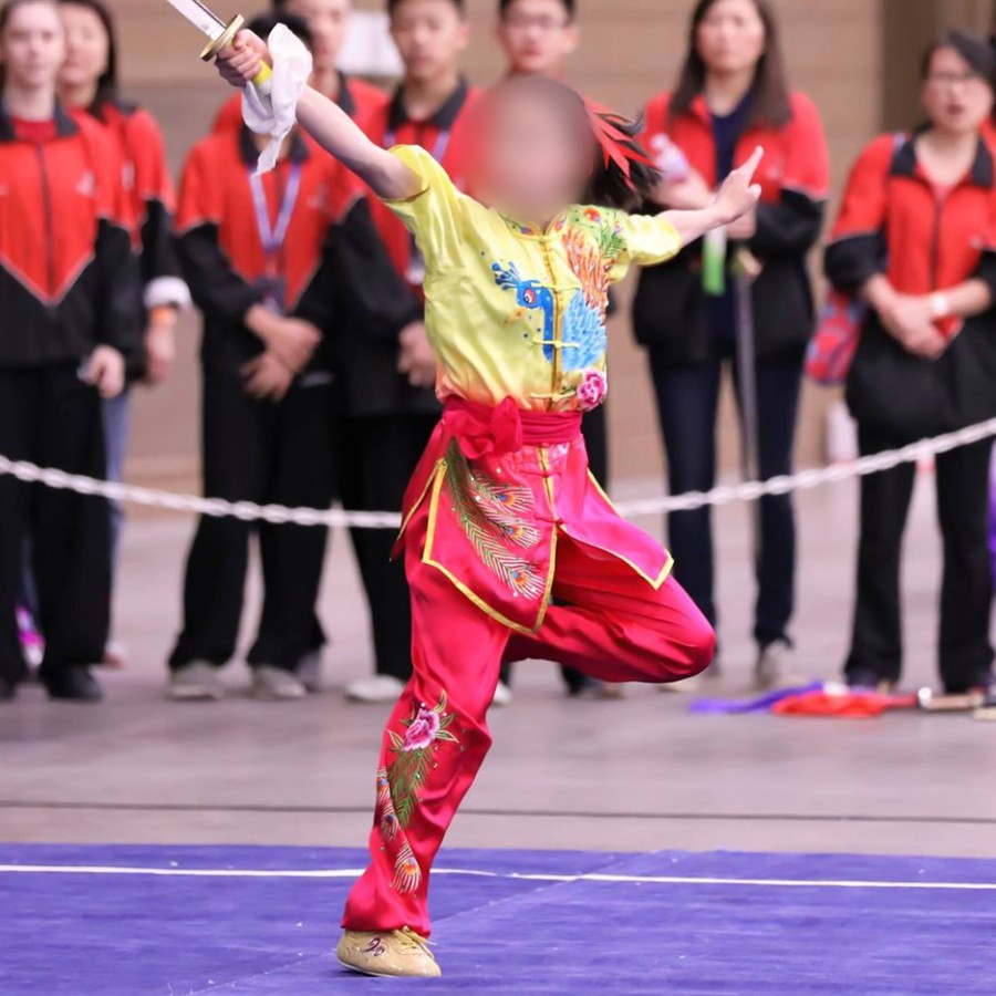 PSU021 – Yellow/Red Gradient Peacock Embroidery Silk Kung Fu Uniform