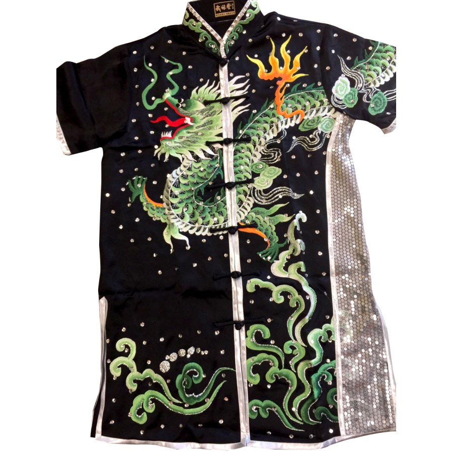 PSU025 – Black Silk Kung Fu Uniform with Green Dragon Embroidery