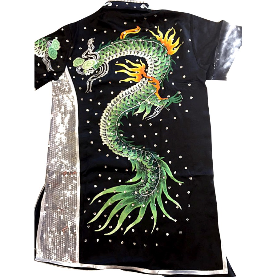 PSU025 – Black Silk Kung Fu Uniform with Green Dragon Embroidery