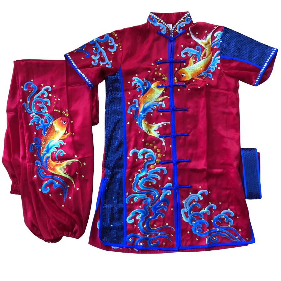 PSU030 – Red/Blue Fish Embroidery Silk Kung Fu Uniform