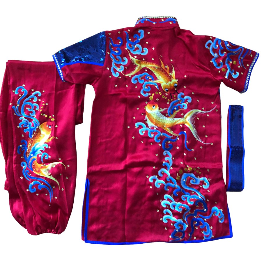 PSU030 – Red/Blue Fish Embroidery Silk Kung Fu Uniform