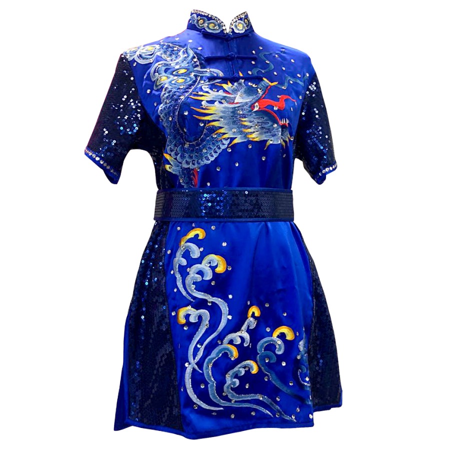 PSU034 – Blue Phoenix Embroidery Silk Kung Fu Uniform with Dark Blue Sequins